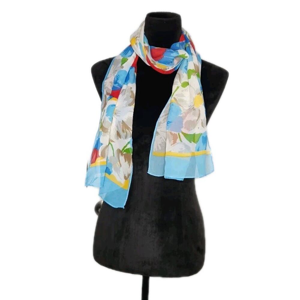 Vintage 80's Bill Blass Silk Rectangle Scarf Floral Daisies 60" X 15" Roll Hem